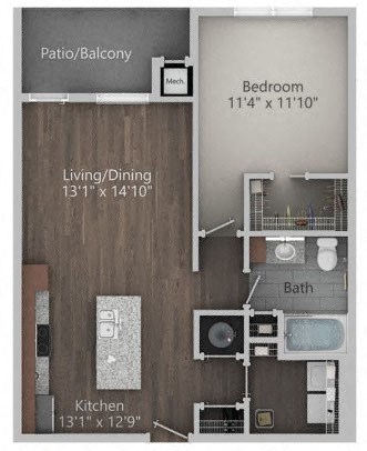 Floor plan for 1 bed, 1 bath, 749 sqft
